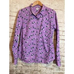Anthropologie Odille Top Womens 14 Purple Horse Print Button Up Equestrian